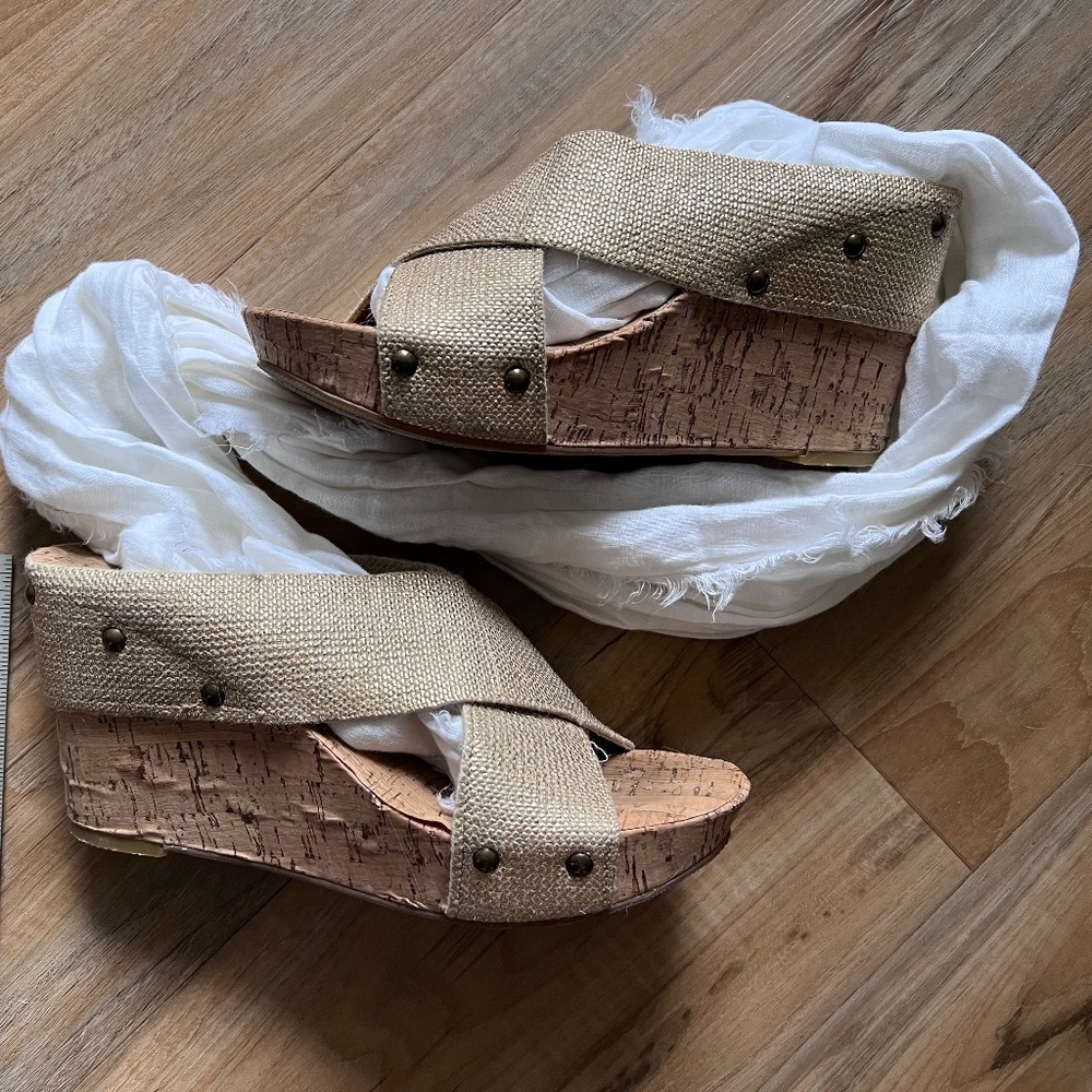 LUCKY BRAND Shoes Sandals Miller2 Womens 8.5 8 ½ M Cork Wedge Heel Platform Gold